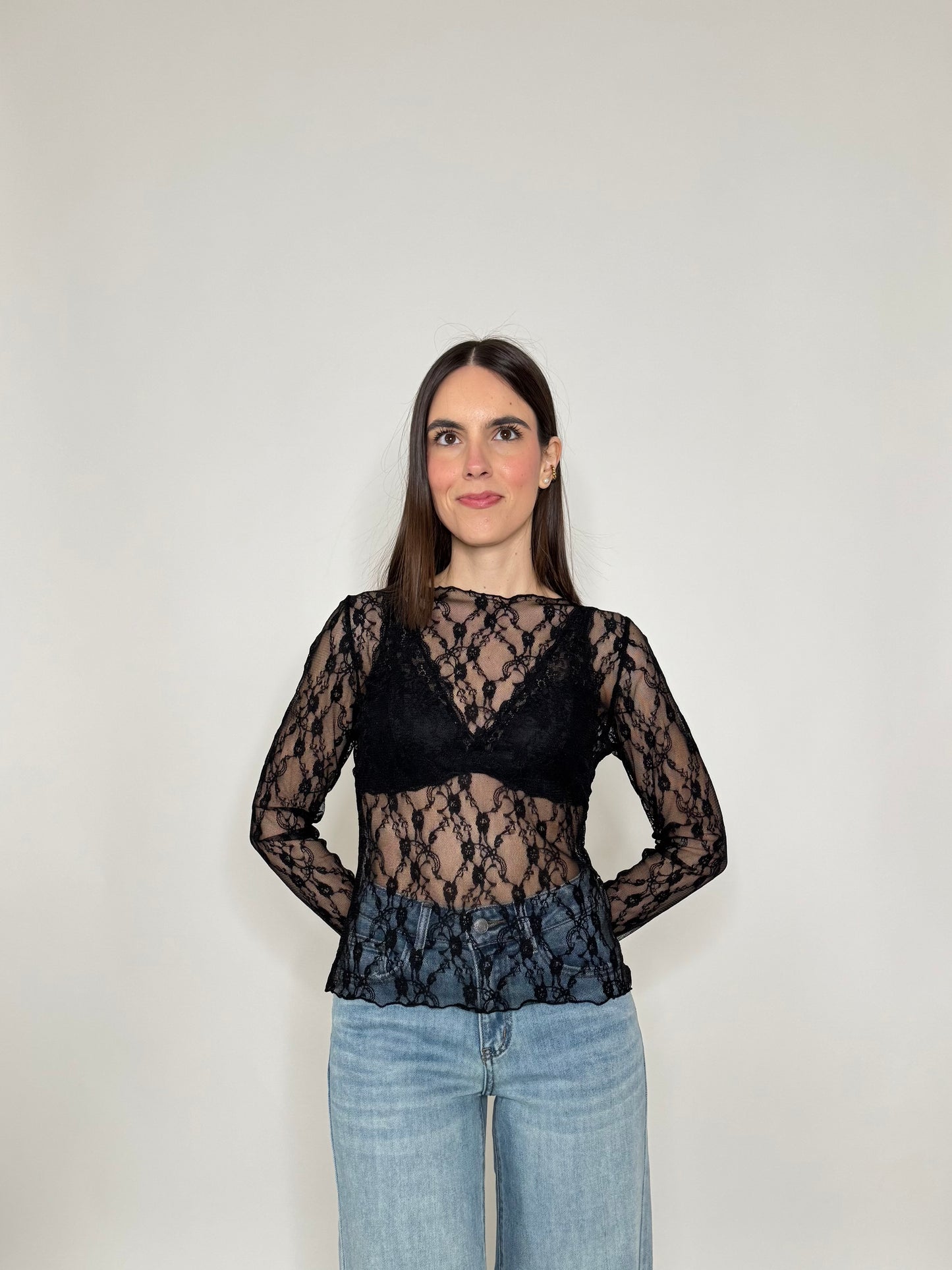 Maglia pizzo in misto cotone viscosa spring/summer Nero