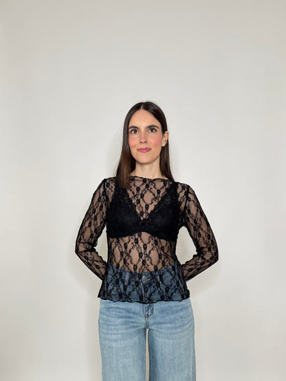 Maglia pizzo in misto cotone viscosa spring/summer Nero