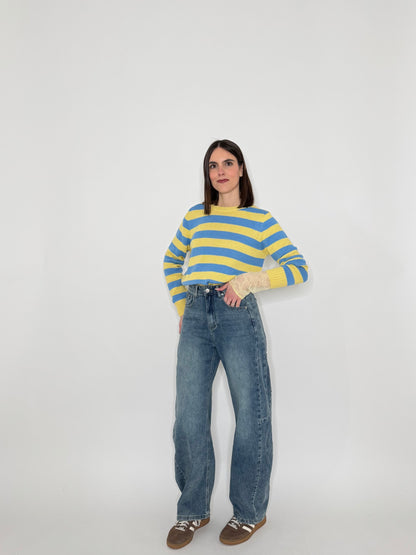 Maglia girocollo a righe in 100% cotone Giallo/jeans