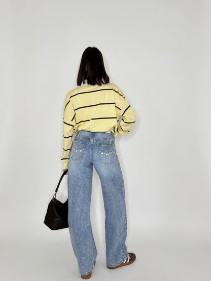 Jeans Ballon light denim ricami e caboshon