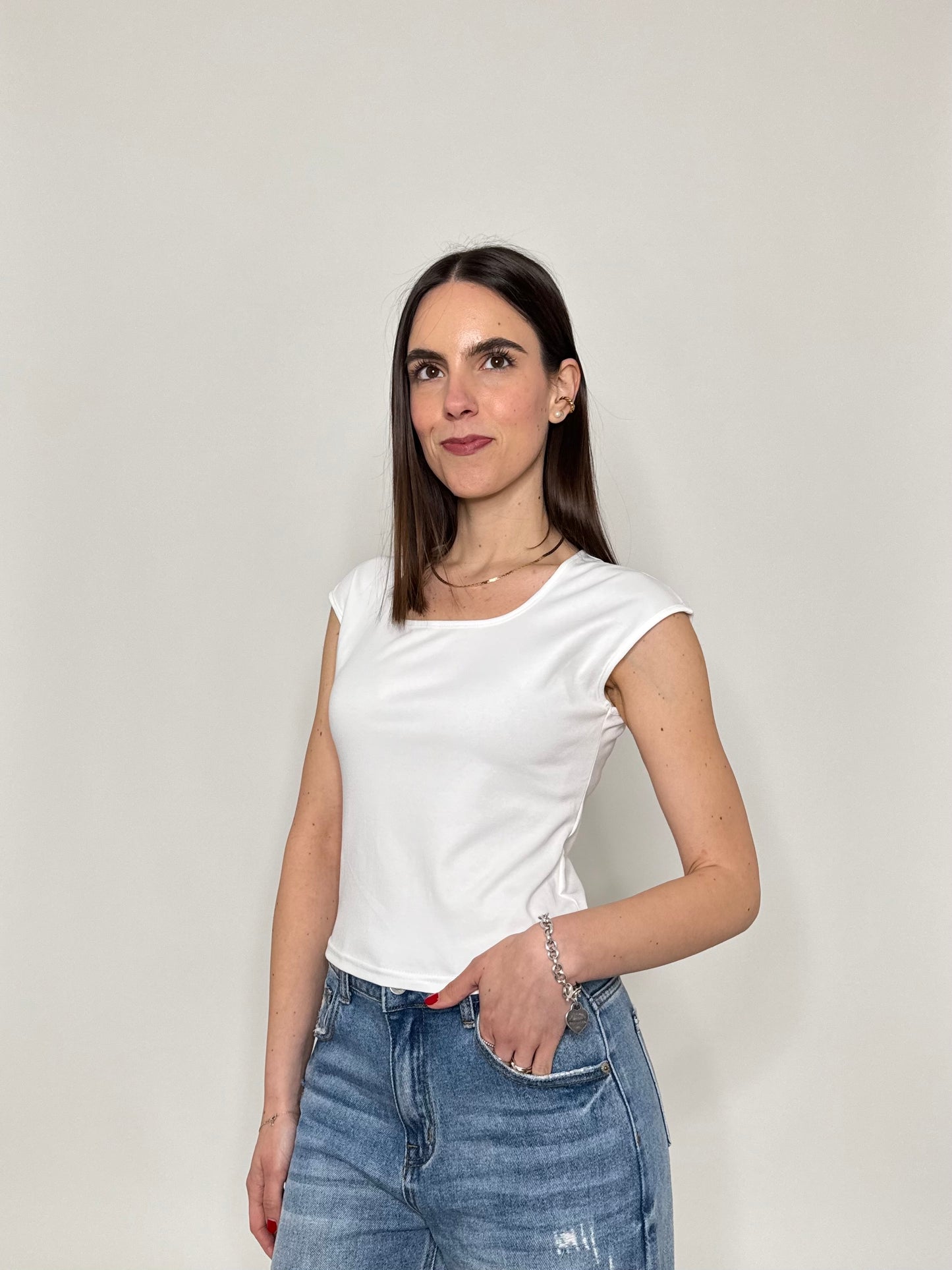 T-shirt scollo quadrato in cotone Bianco