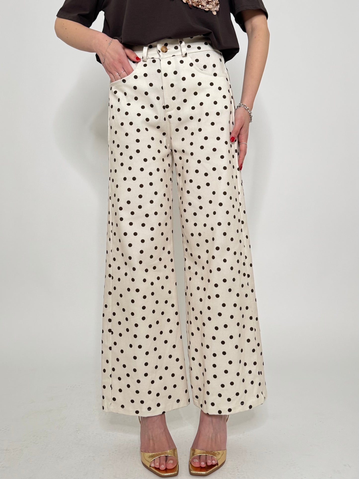 Jeans cinque tasche a pois modello wide leg Bianco/Cioccolato