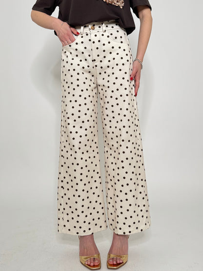Jeans cinque tasche a pois modello wide leg Bianco/Cioccolato