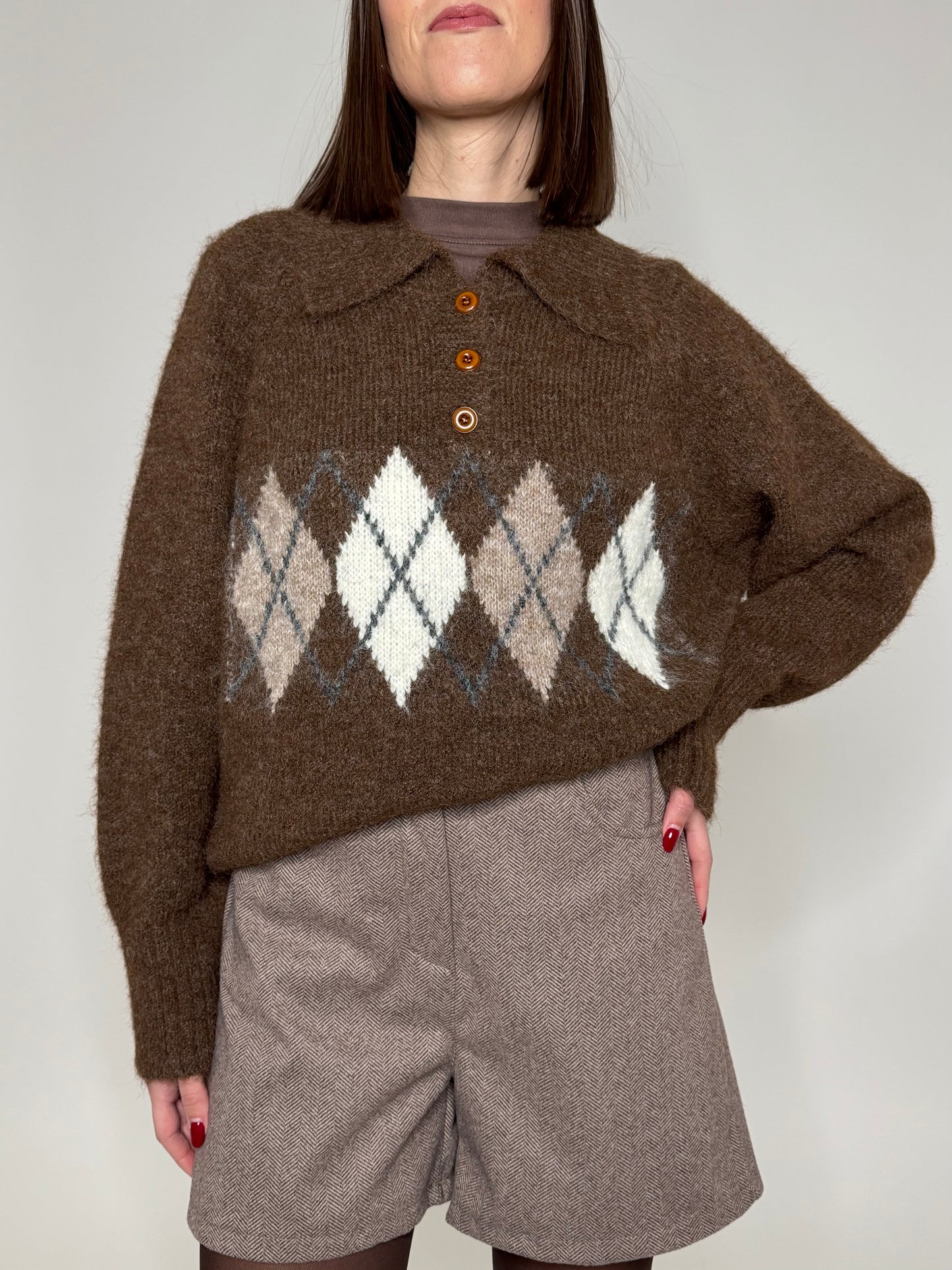 Pullover polo in misto lana rombi