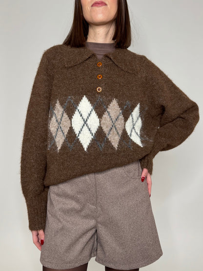 Pullover polo in misto lana rombi