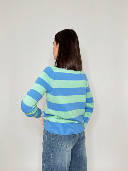 Maglia girocollo a righe in 100% cotone Jeans/Menta