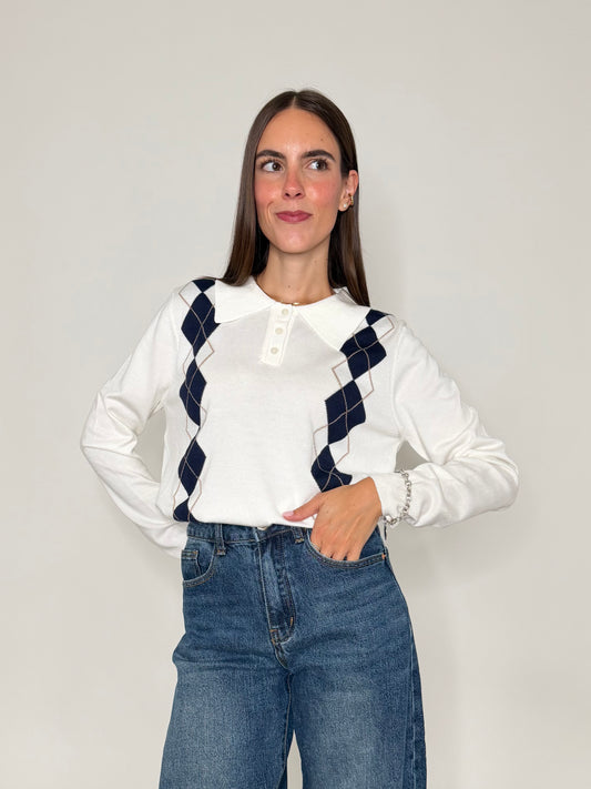 Polo a rombi in viscosa bianco latte