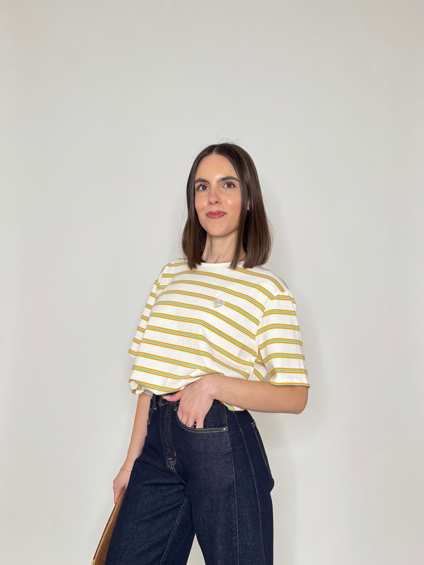 T-shirt millerighe con ricamo in cotone - Orange
