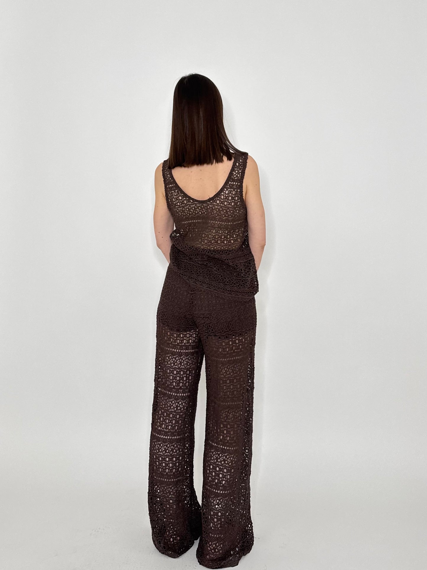 Pantalone pizzo crochet cioccolato in cotone