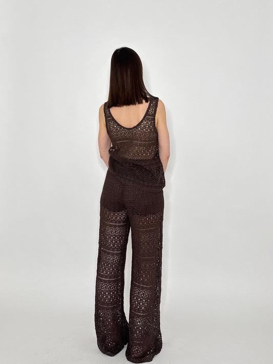 Pantalone pizzo crochet cioccolato in cotone