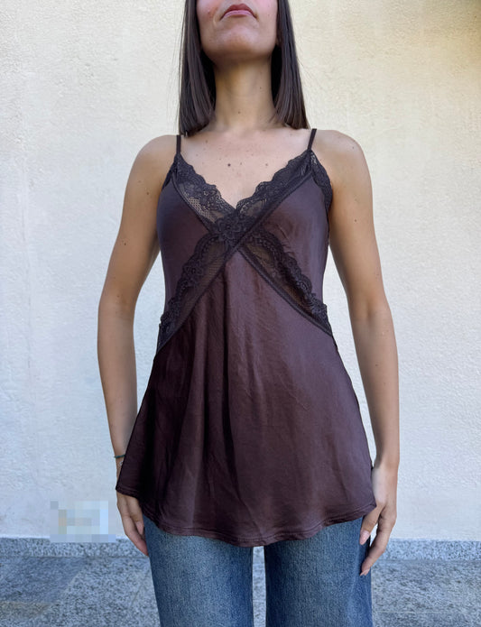 Canotta viscosa pizzo cioccolato