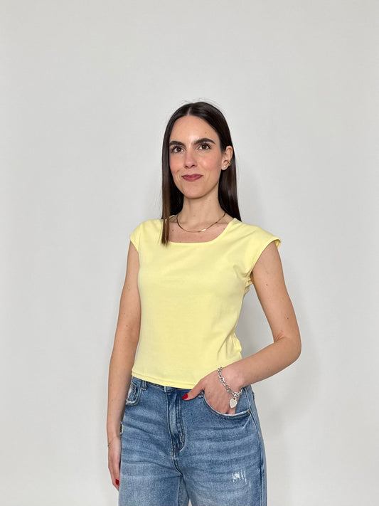 T-shirt scollo quadrato in cotone Giallo