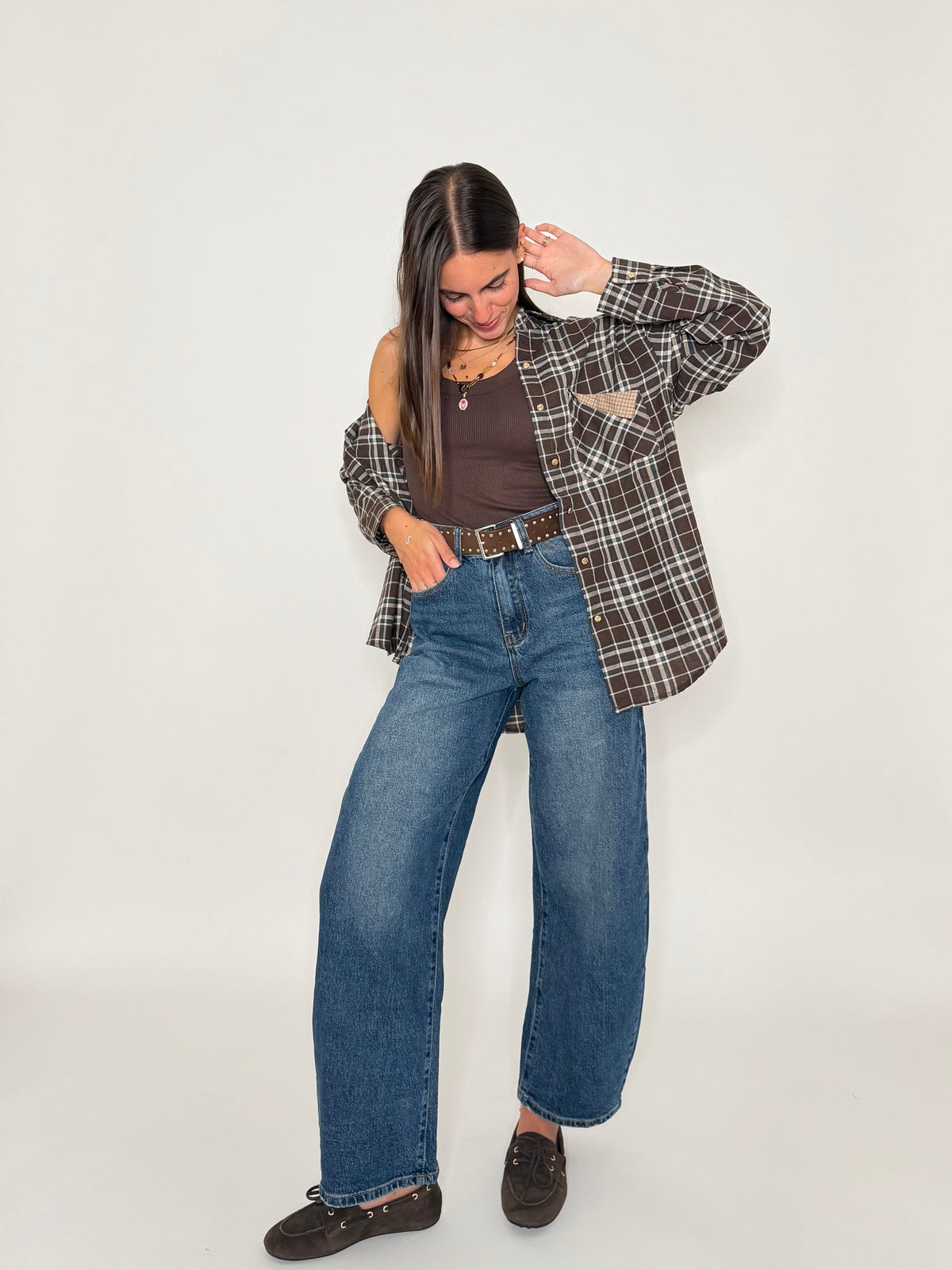 Camicia check in cotone con taschino cioccolato