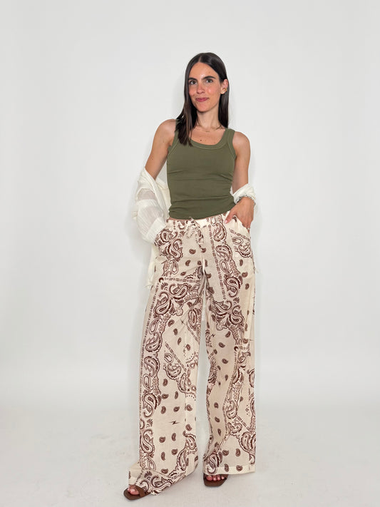 Pantalone in mussola di cotone stampa bandana Panna