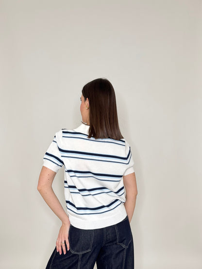 Polo in filo di viscosa a righe Bianco/Blu