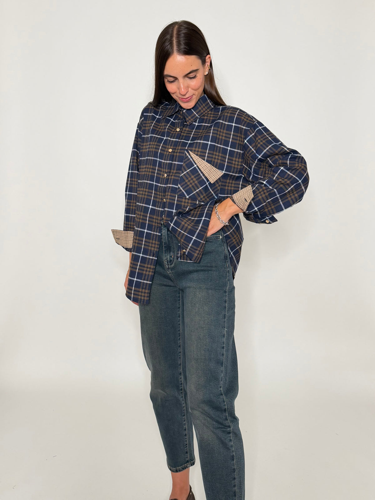 Camicia check in cotone con taschino blu
