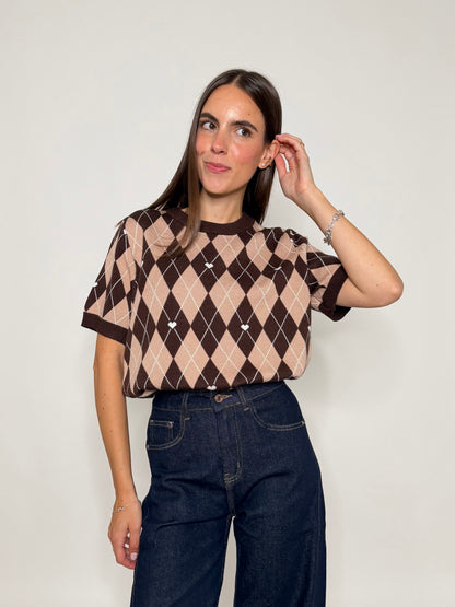 Maglia in viscosa a rombi coffe/caramello