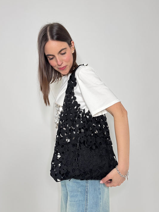 Tote bag effetto macramè floreale Nero