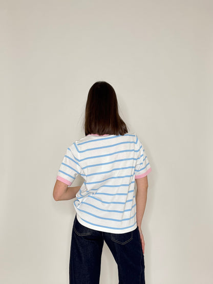 Polo maniche corte in filo di viscosa a righe bianco e azzurro