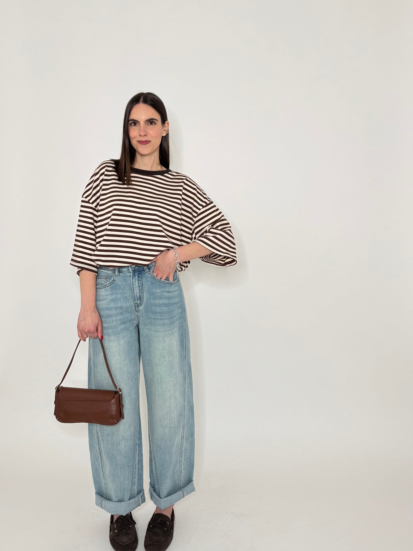 Maglia Felpa a righe light cotton in cotone Cioccolato/Panna