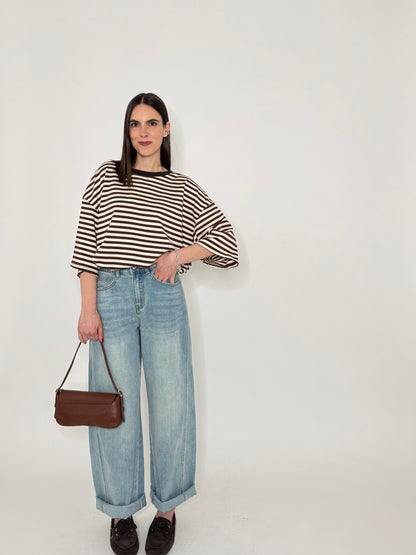 Maglia Felpa a righe light cotton in cotone Cioccolato/Panna