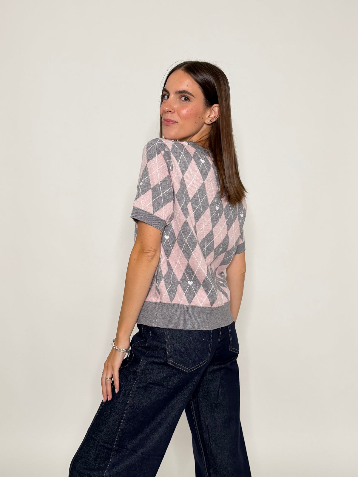 Maglia in viscosa a rombi grigio/rosa