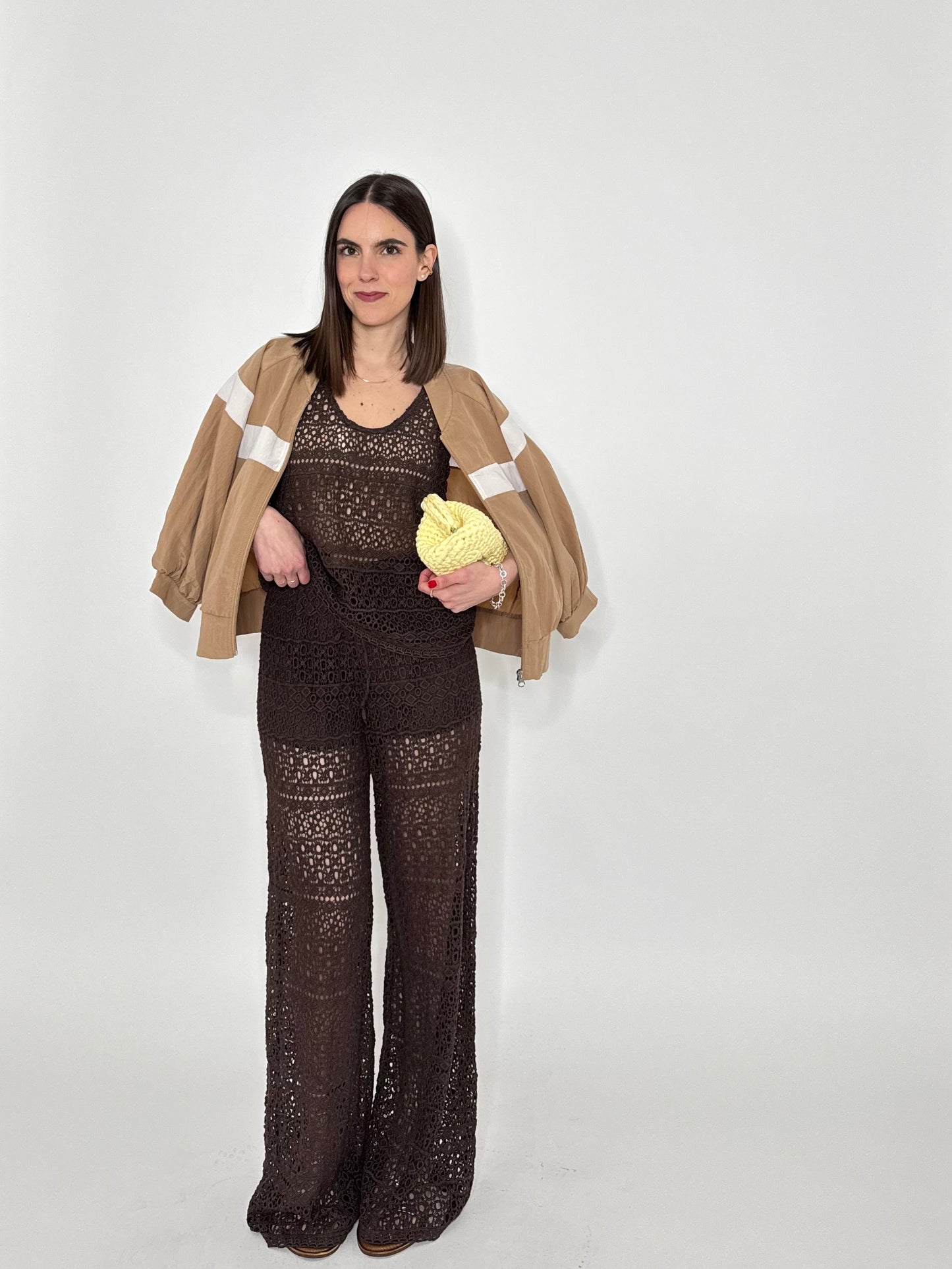 Pantalone pizzo crochet cioccolato in cotone