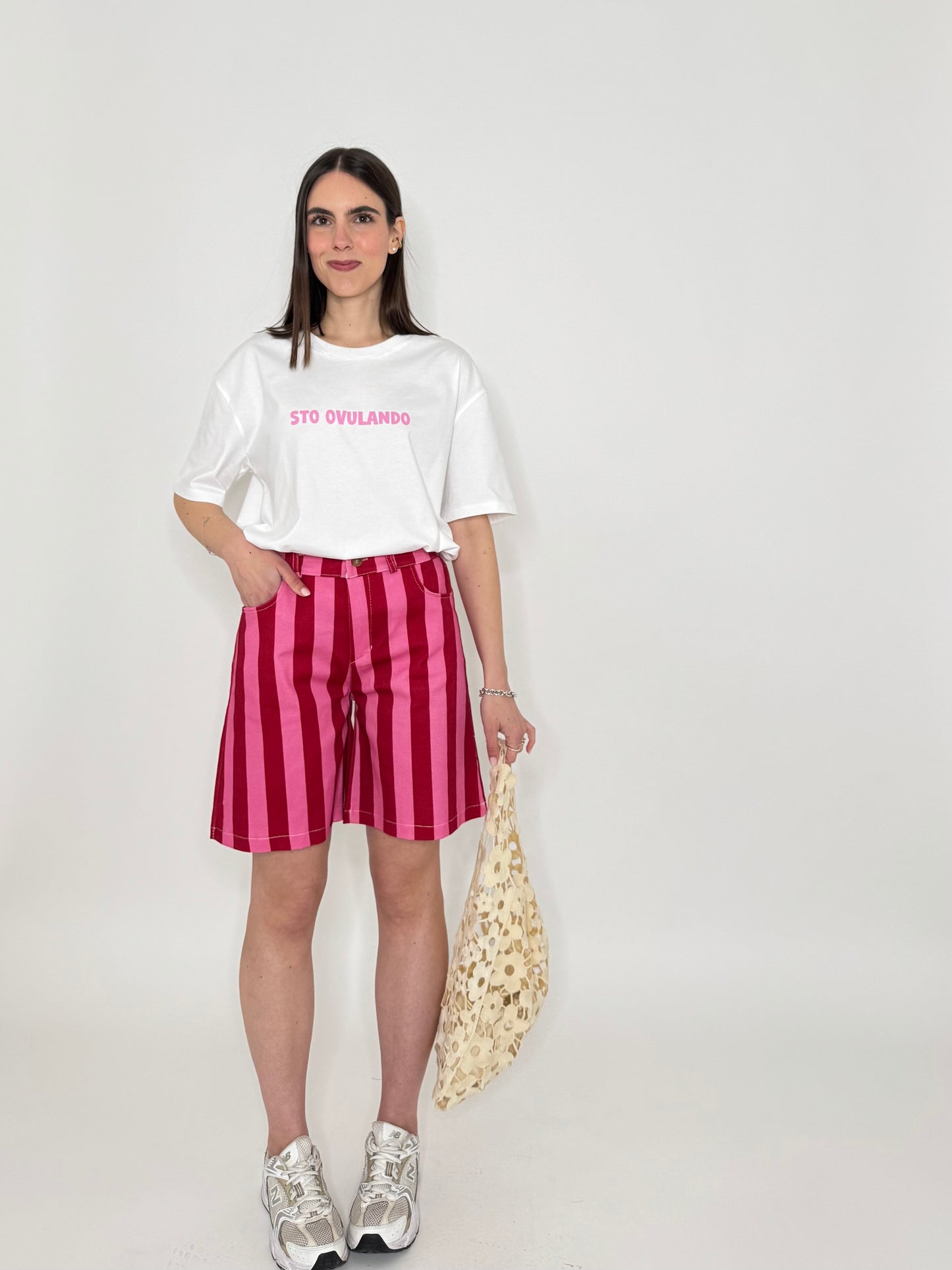 Bermuda di denim a righe in cotone Fragola/Confetto