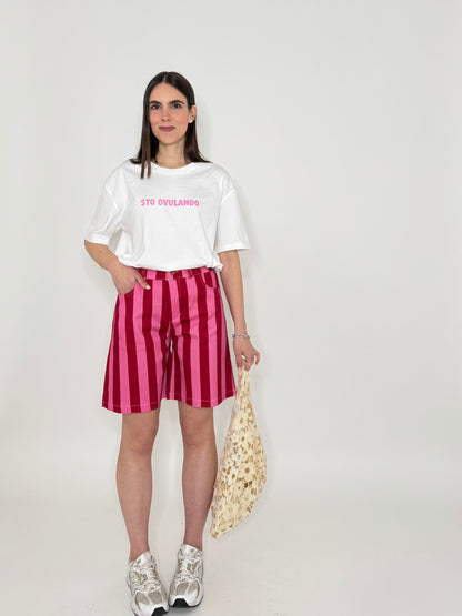 Bermuda di denim a righe in cotone Fragola/Confetto