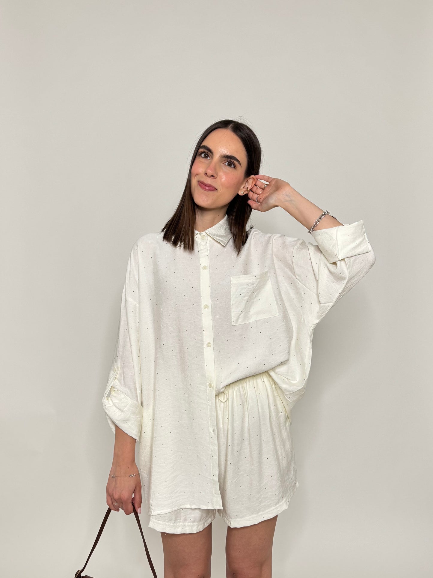Completo in fresca viscosa micro Strass Panna