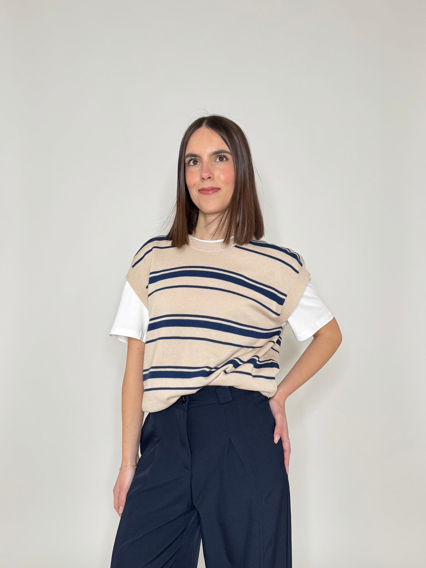 Gilet a righe in 100% cotone Beige/Navy