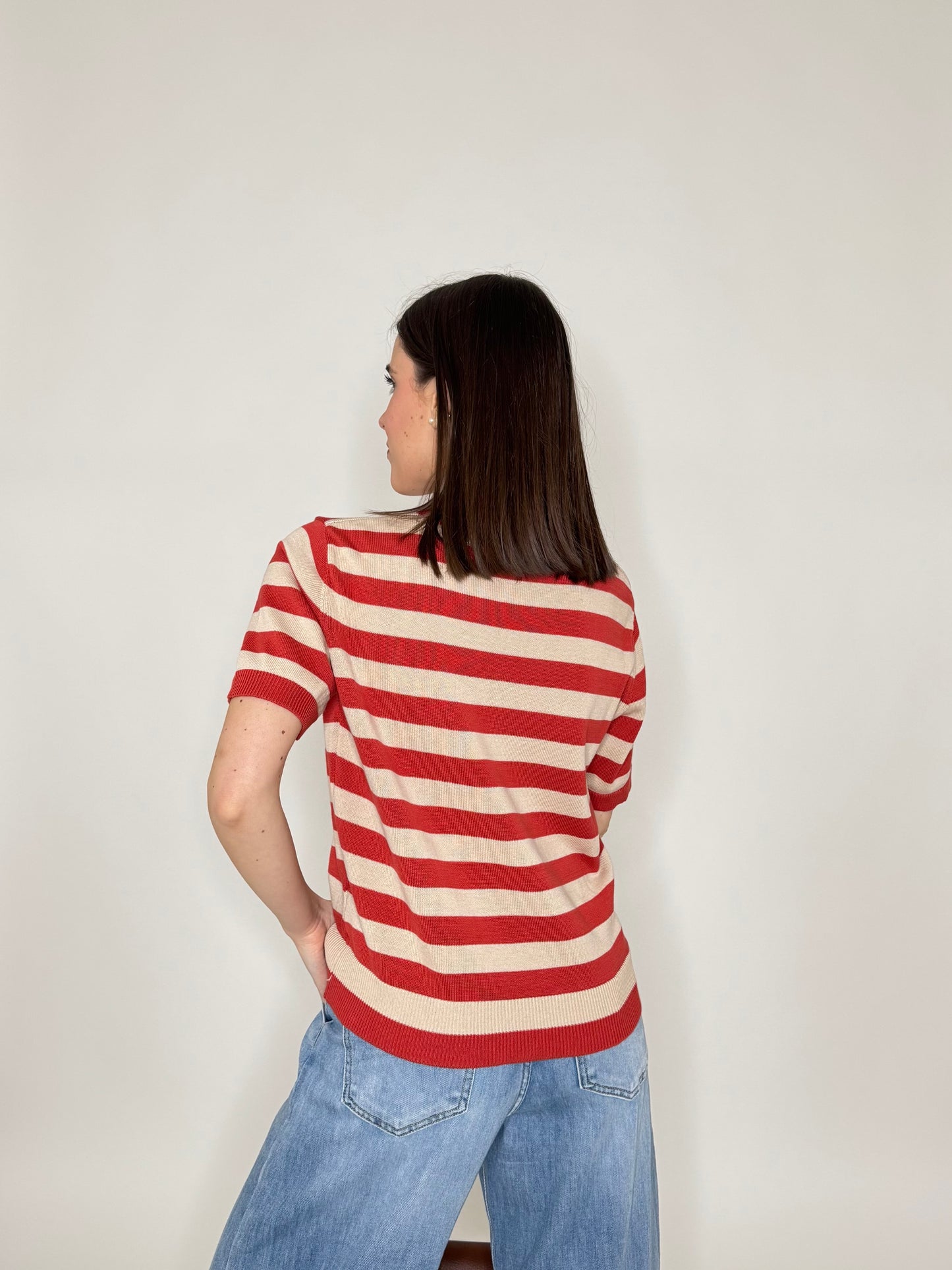 Maglia girocollo a righe manica corta in 100% cotone Mattone/Beige