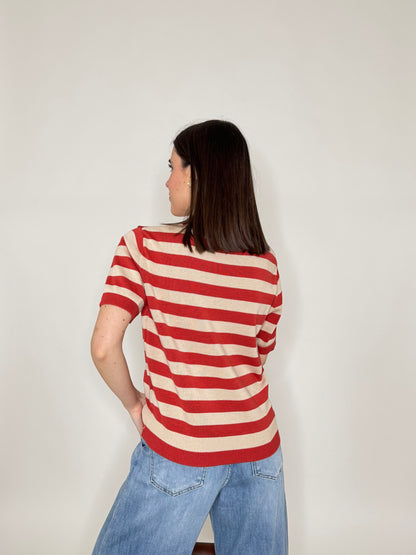 Maglia girocollo a righe manica corta in 100% cotone Mattone/Beige