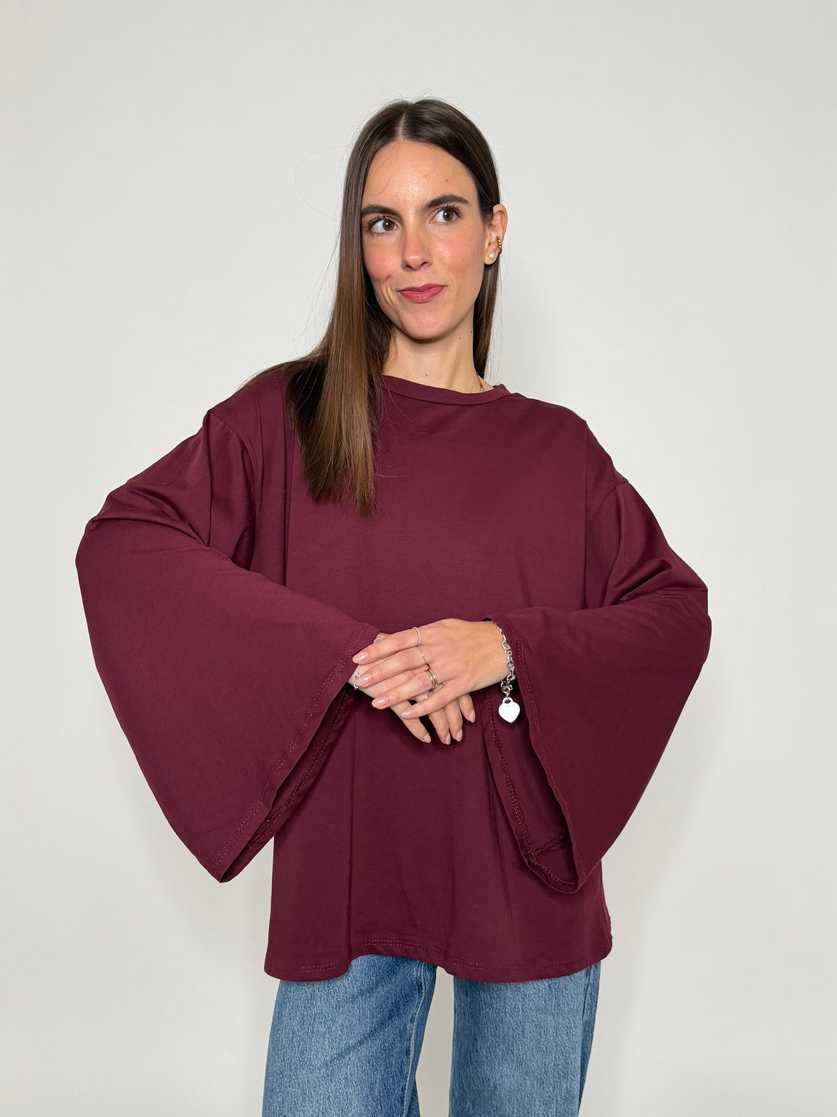 Maglia in cotone con manica a ampia bordeux