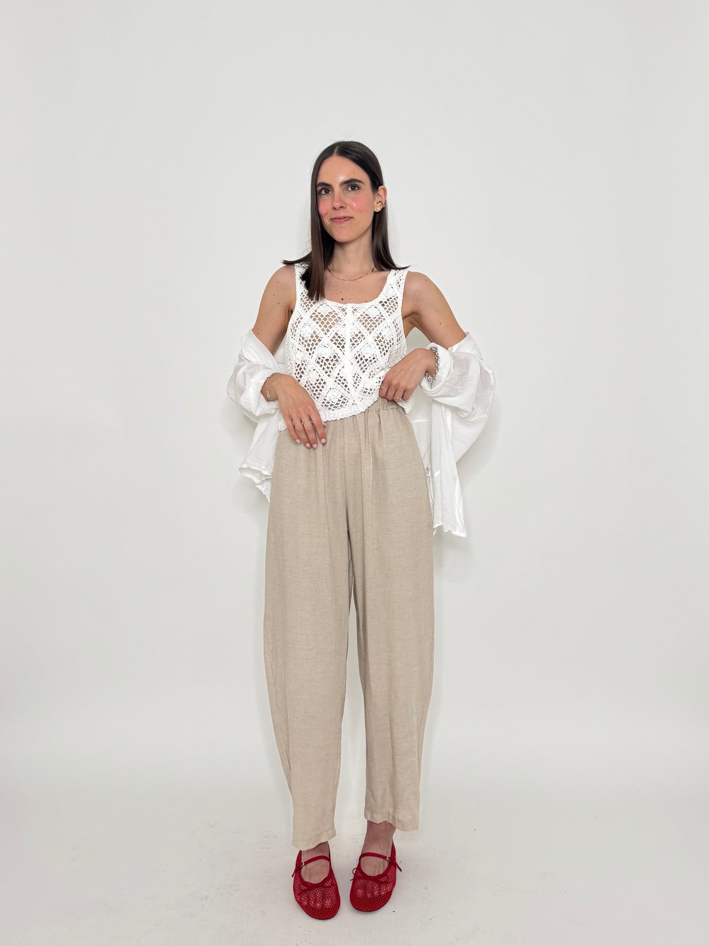 Pantalone ovetto in viscosa e lino Beige