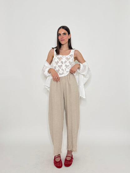 Pantalone ovetto in viscosa e lino Beige