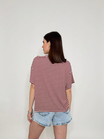 T-shirt a righe in jersey di viscosa Bordeaux/Panna