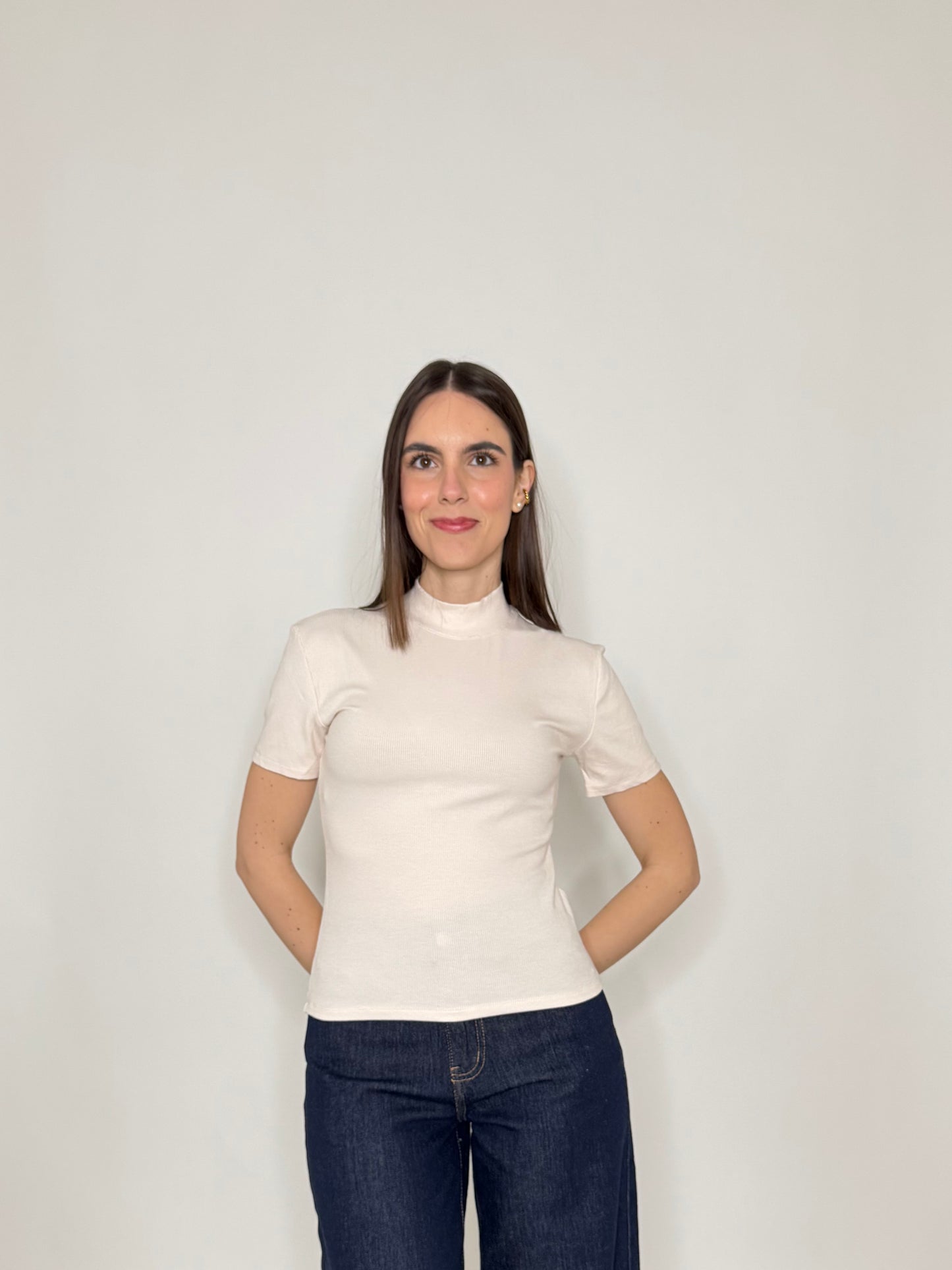 Maglia soft touch a costine mezzo collo in viscosa Rosa cipria