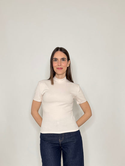 Maglia soft touch a costine mezzo collo in viscosa Rosa cipria