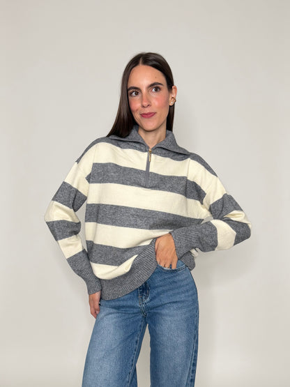 Maglione mezza zip collo alto a righe in morbida viscosa grigio/panna
