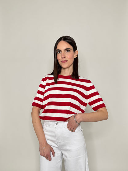 Maglia girocollo a righe manica corta in 100% cotone Rosso/Panna