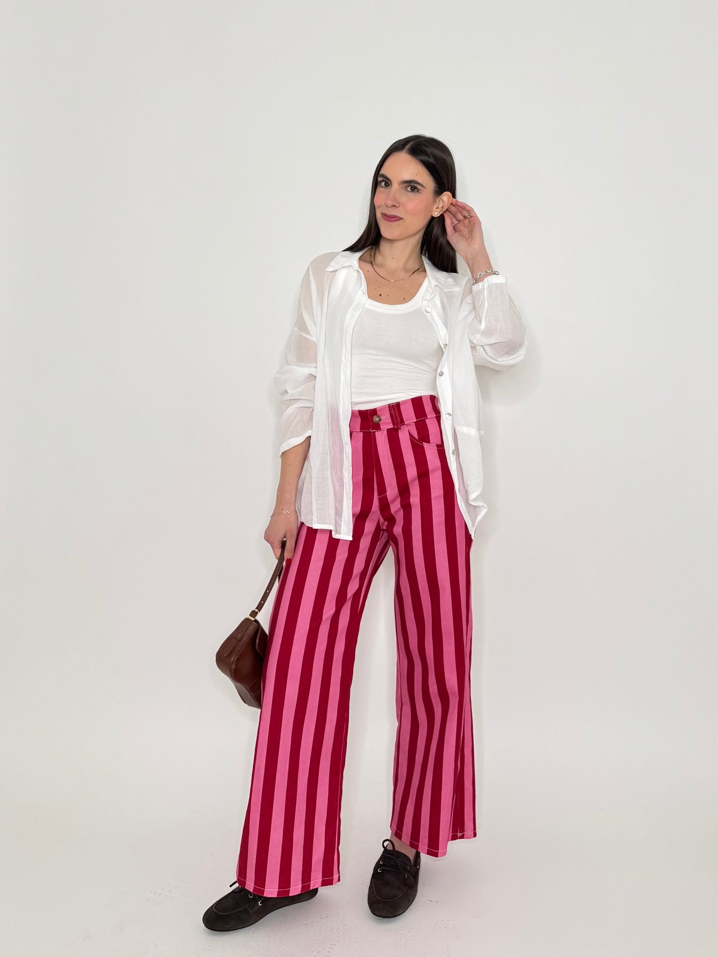 Jeans cinque tasche a righe modello wide leg Fragola/Confetto