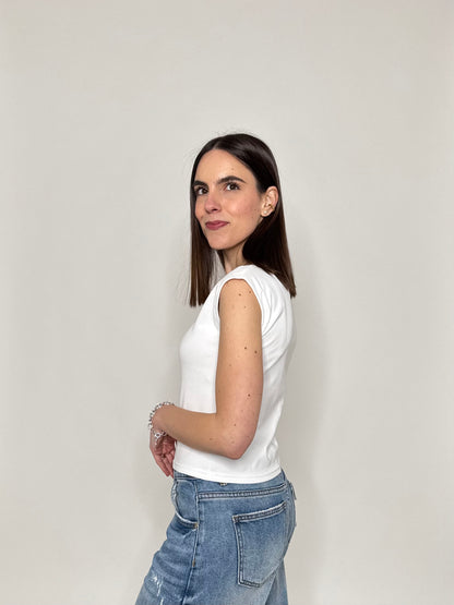 T-shirt scollo quadrato in cotone Bianco