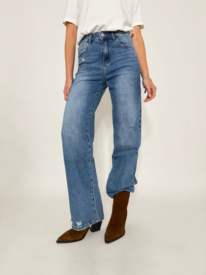 Jeans Straight Wide Leg in Denim Blu