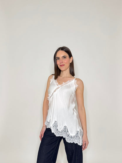 Top pizzo asimmetrico in 100% viscosa satin - Bianco