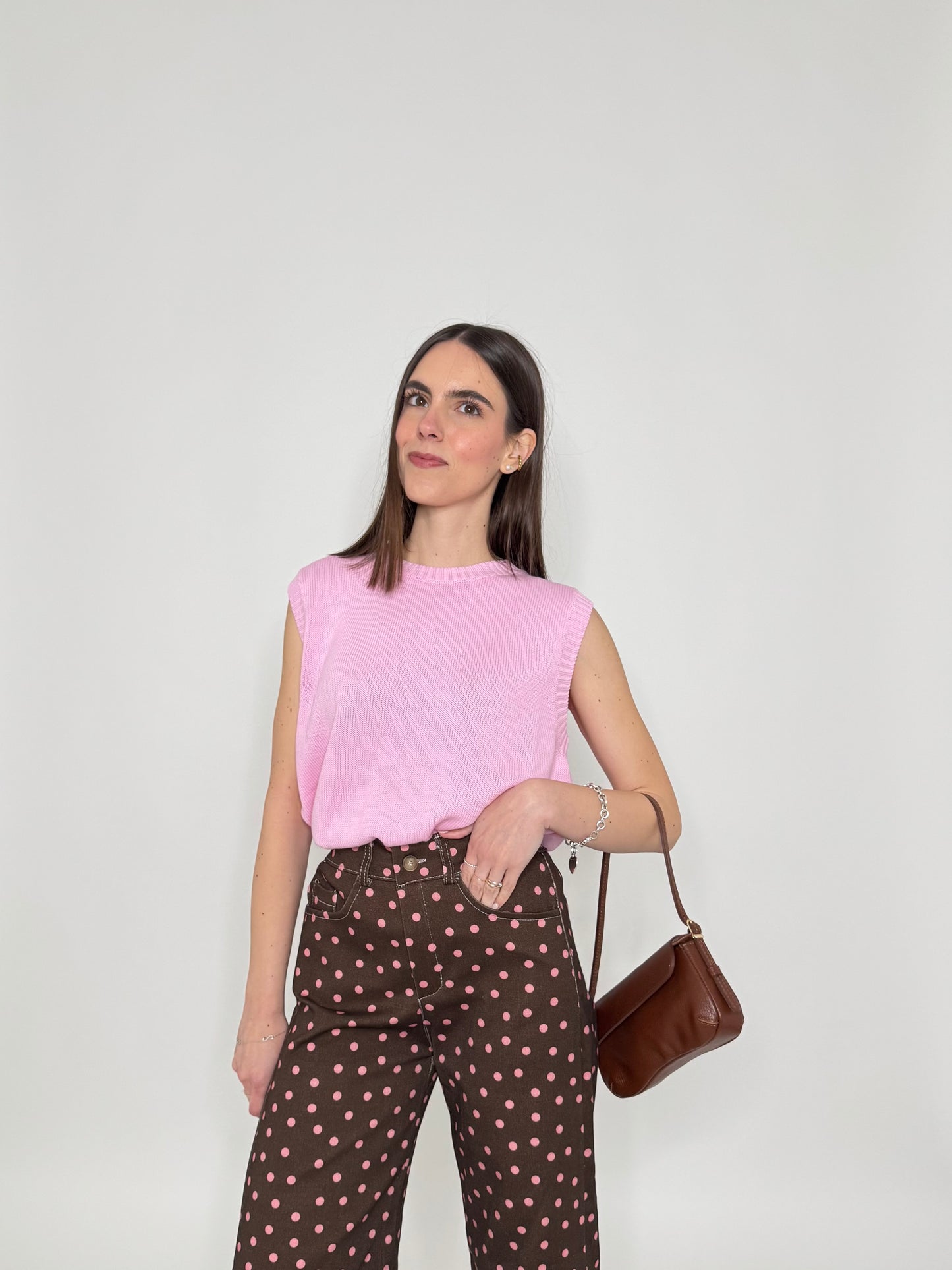 Jeans cinque tasche a pois modello wide leg Cioccolato/Rosa