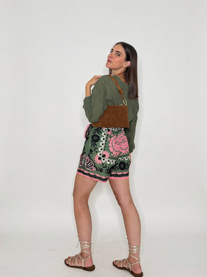 Gonna pantalone stampa florale base verde bosco