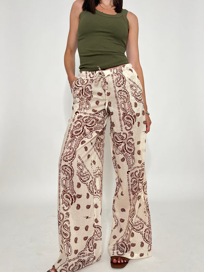 Pantalone in mussola di cotone stampa bandana Panna