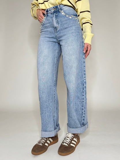 Jeans Ballon light denim ricami e caboshon
