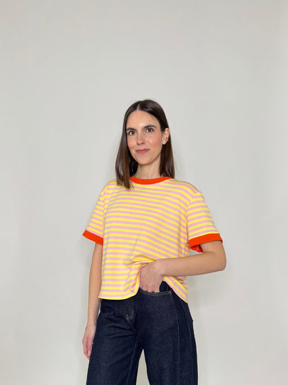 T-shirt a righe in cotone con contrasti Giallo/Rosa